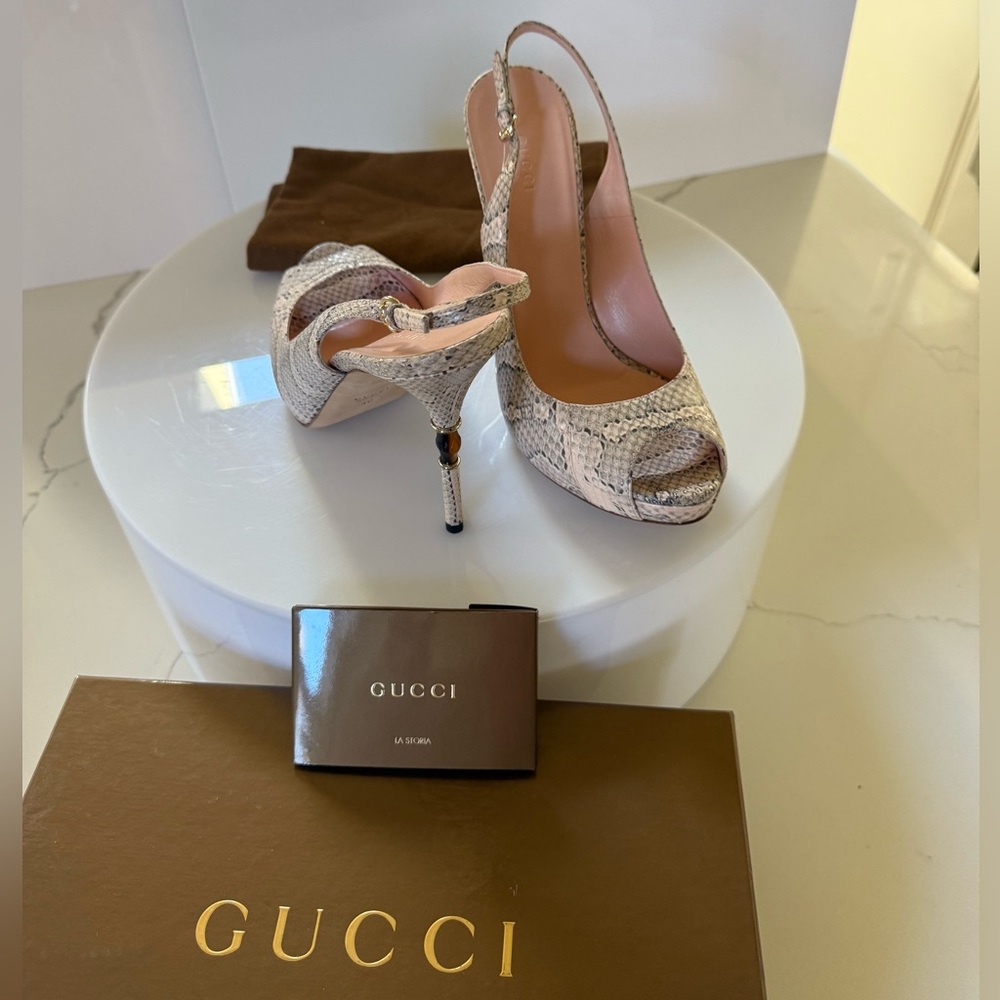 Gucci Beige Snakeskin Slingback Peep-Toe Heels